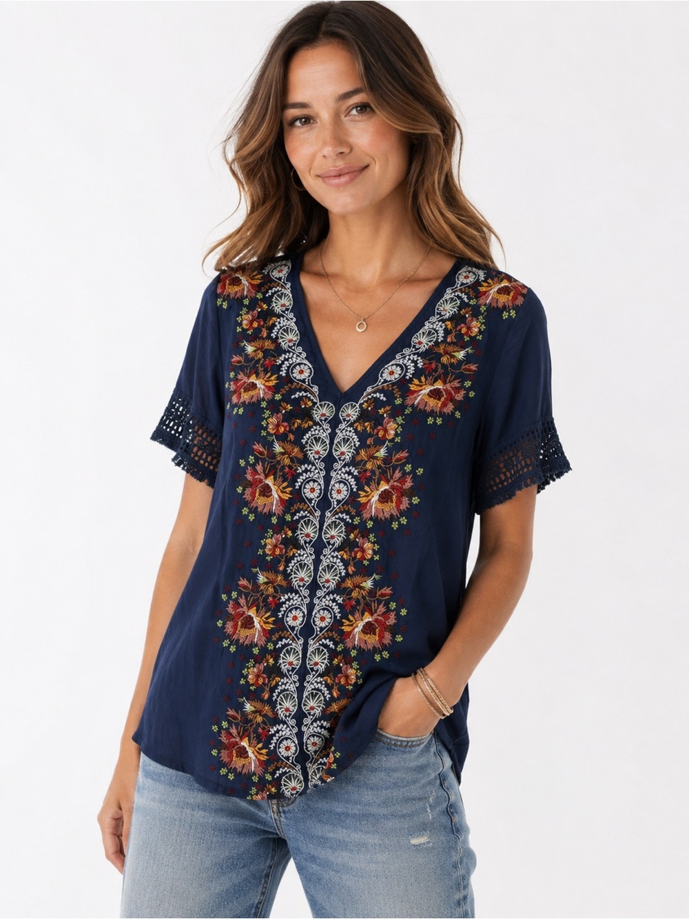 Sundance Embroidered Boho Top | Navy Floral V-Neck